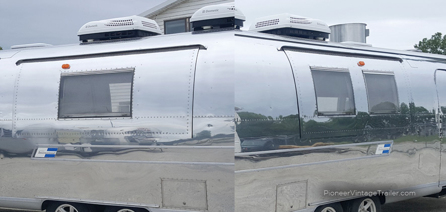 Serving hatches w/windows placed on both sides of Airstream food trailer