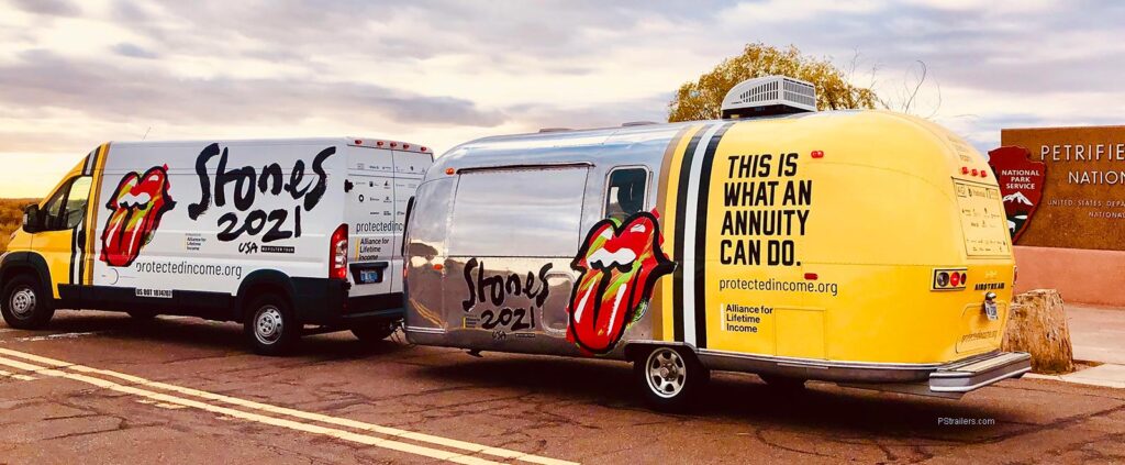 Insurance marketing Airstream trailer on tour with Rolling Stones