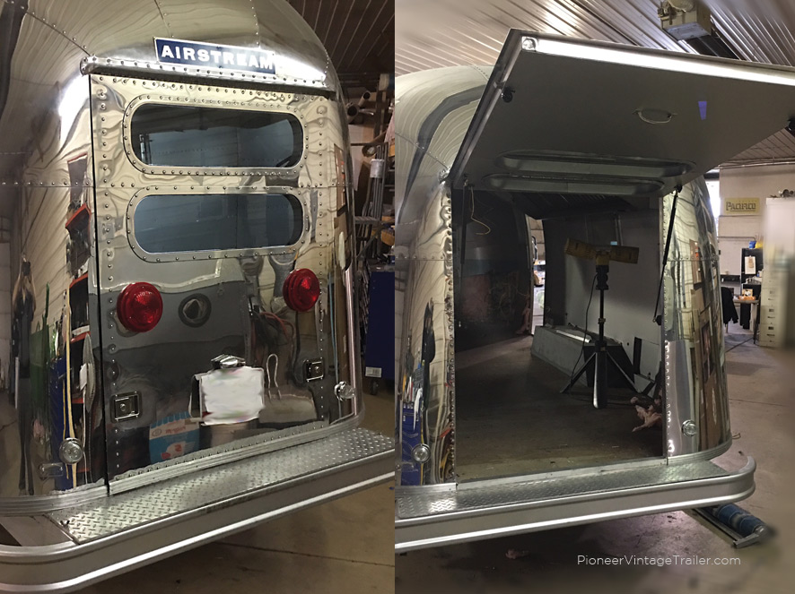 Custom rear hatch in vintage Airstream food trailer