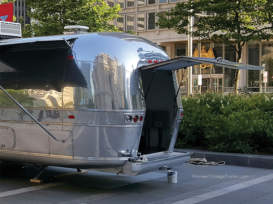 Rear loading hatch on 1972 Airstream Excella 500 food trailer